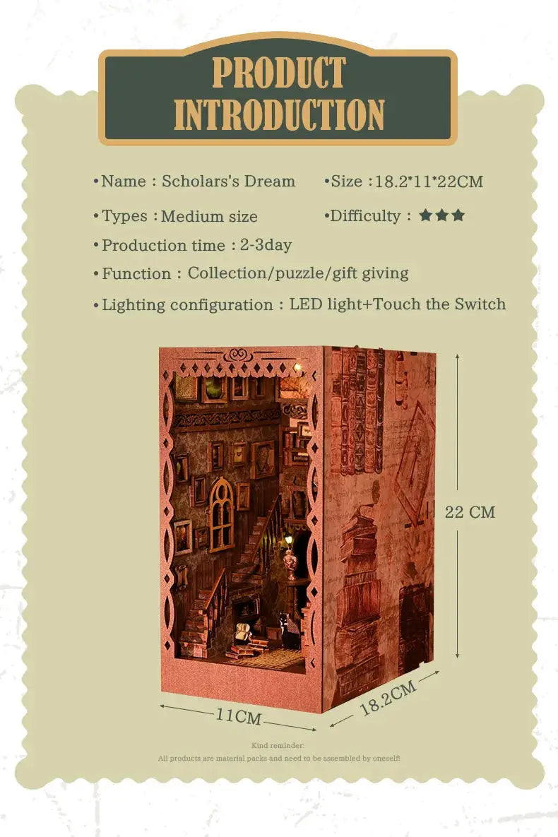 Scholar's Dream DIY Book Nook Kit with LED Light Model to assemble