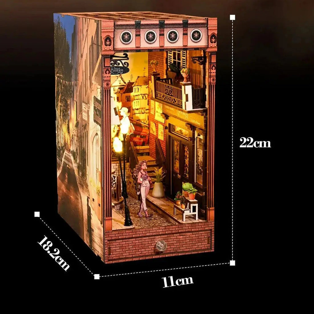 European Street DIY Book Nook Kit with LED Light – Wooden Miniature Bookshelf Insert Model to assemble