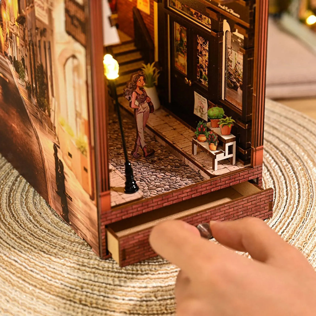 European Street DIY Book Nook Kit with LED Light – Wooden Miniature Bookshelf Insert Model to assemble