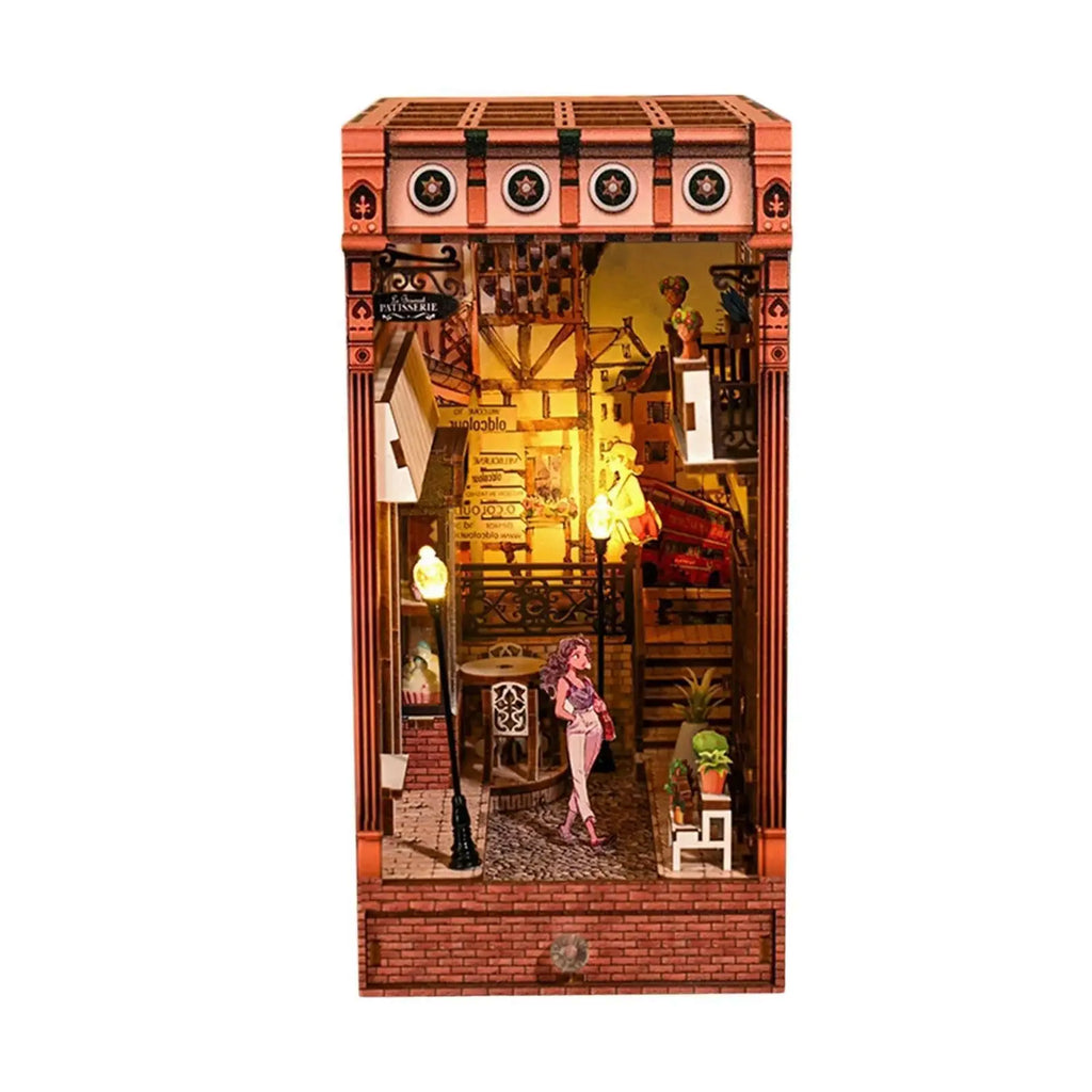 European Street DIY Book Nook Kit with LED Light – Wooden Miniature Bookshelf Insert Model to assemble