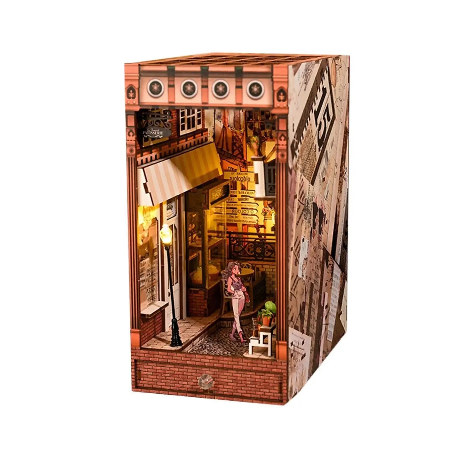European Street DIY Book Nook Kit with LED Light – Wooden Miniature Bookshelf Insert Model to assemble