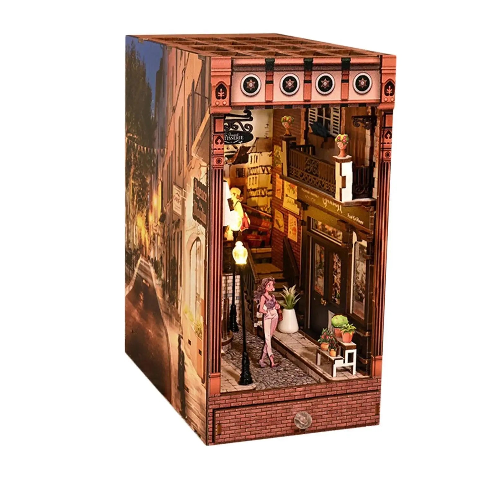 European Street DIY Book Nook Kit with LED Light – Wooden Miniature Bookshelf Insert Model to assemble