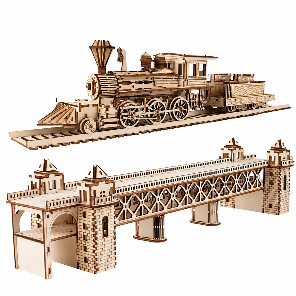 Retro Steam Train with Track Railway Bridge Model to assemble