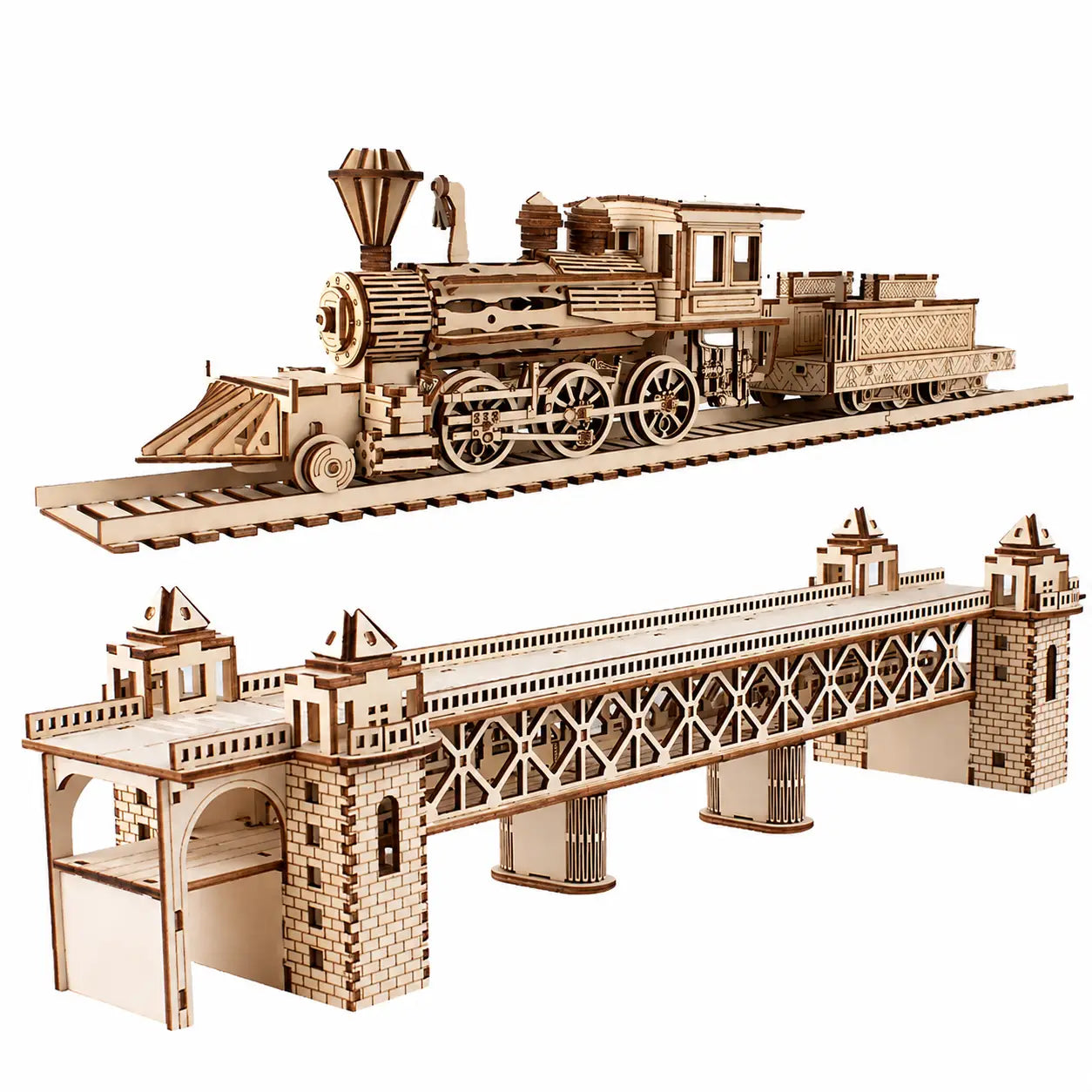Retro Steam Train with Track Railway Bridge Model to assemble