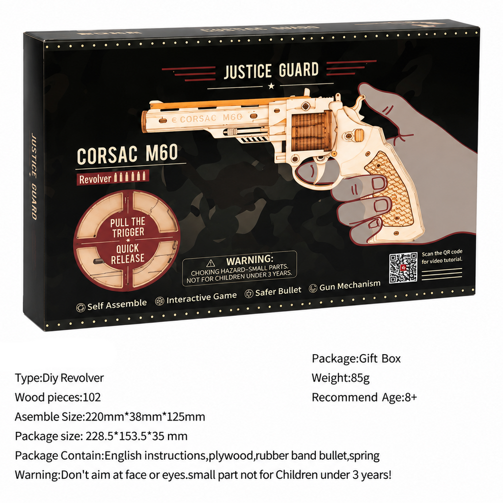 Revolver & Scatter with Rubber Band Bullet Wooden Model Kits Model to assemble