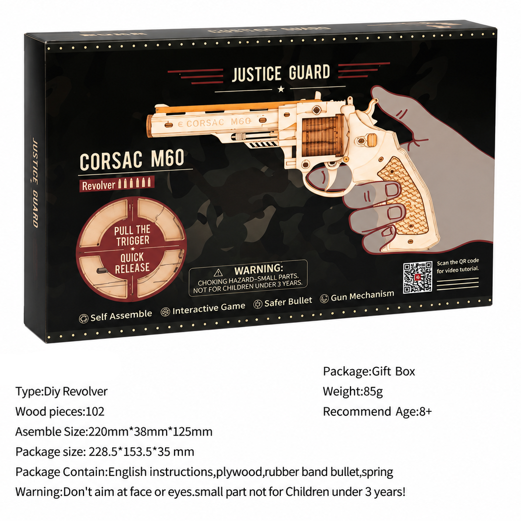 Revolver & Scatter with Rubber Band Bullet Wooden Model Kits Model to assemble