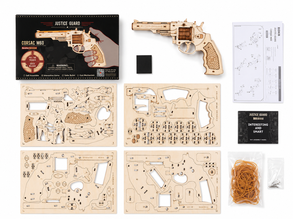 Revolver & Scatter with Rubber Band Bullet Wooden Model Kits Model to assemble