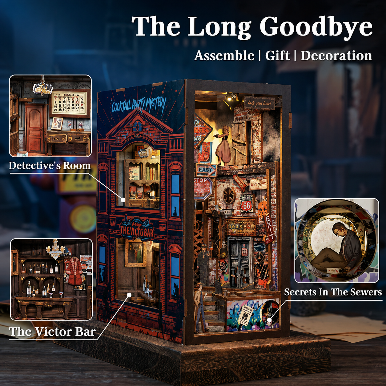 DIY Dollhouse Miniature Model Book Nook Kit with Dust Cover Detective Home Decoration for Birthday Gift The Long Goodbye Model to assemble