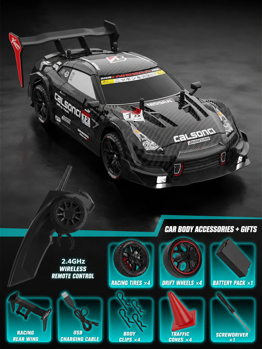 RC Drift Racing Car GTR – 1:16 Scale, 4WD 2.4GHz, 25km/h Model to assemble