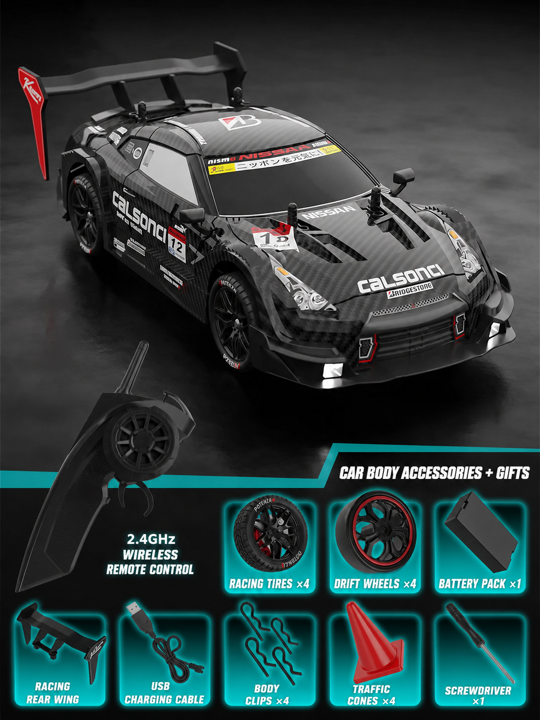 RC Drift Racing Car GTR – 1:16 Scale, 4WD 2.4GHz, 25km/h Model to assemble