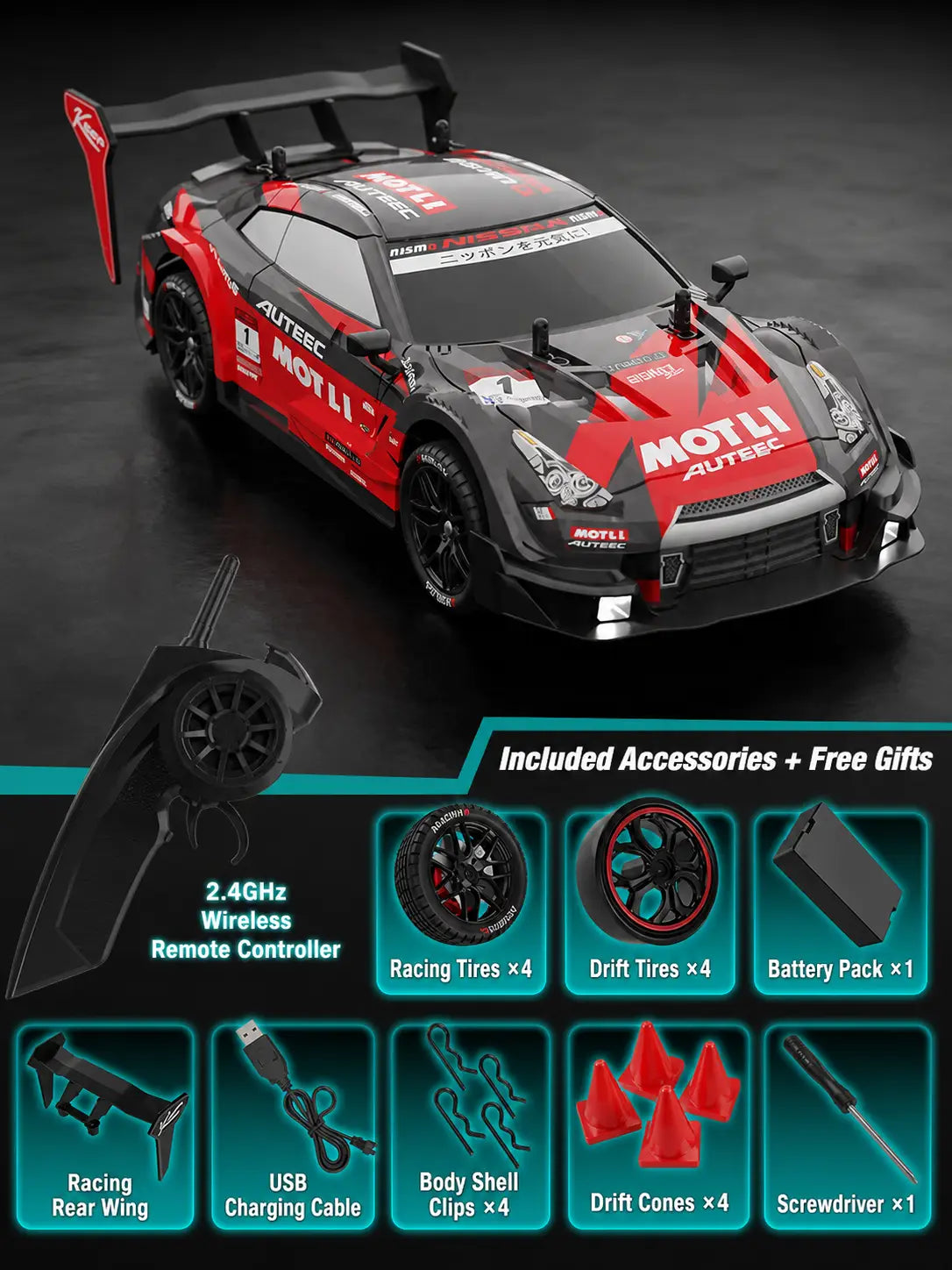 RC Drift Racing Car GTR – 1:16 Scale, 4WD 2.4GHz, 25km/h Model to assemble