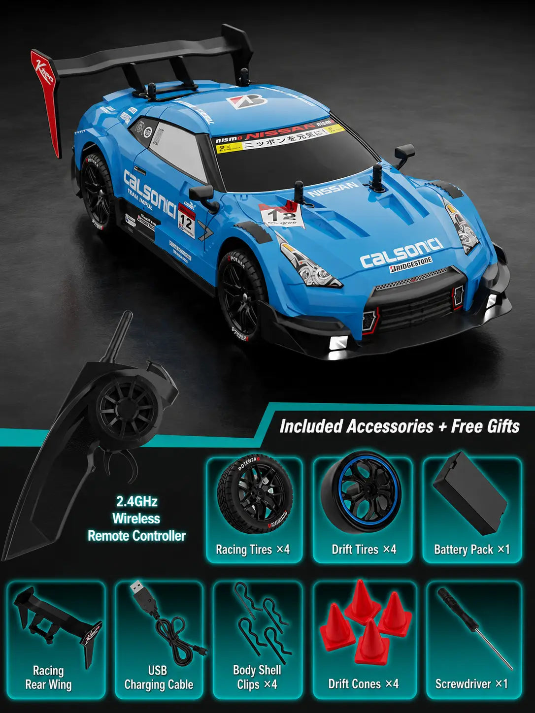 RC Drift Racing Car GTR – 1:16 Scale, 4WD 2.4GHz, 25km/h Model to assemble