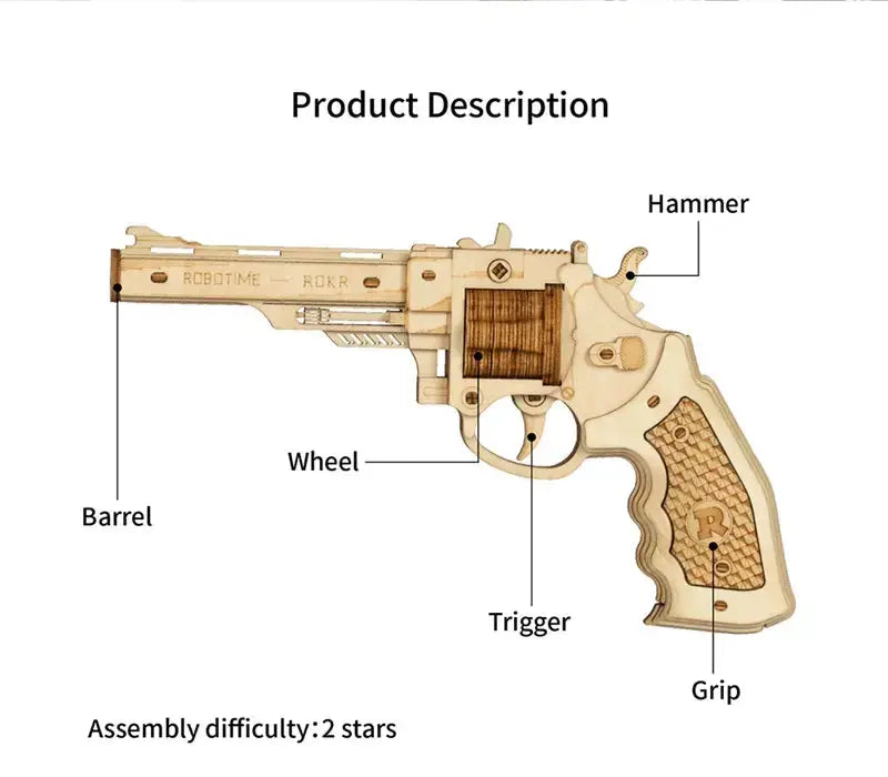 Revolver, Scatter with Rubber Band Bullet Wooden Model Kits - Model to assemble