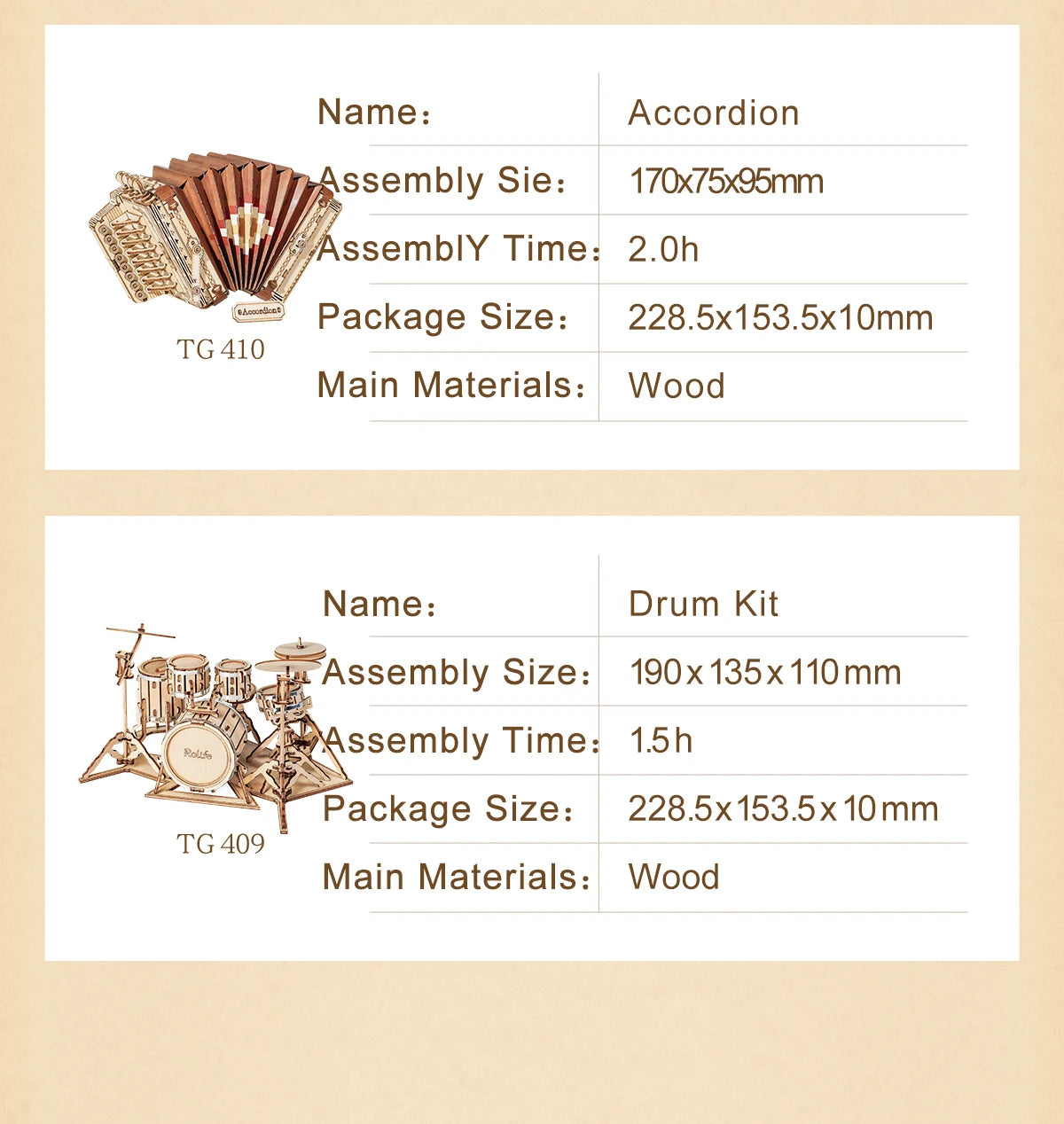 Musical Instruments : Saxophone, Drum, Accordion, Cello - Model to assemble