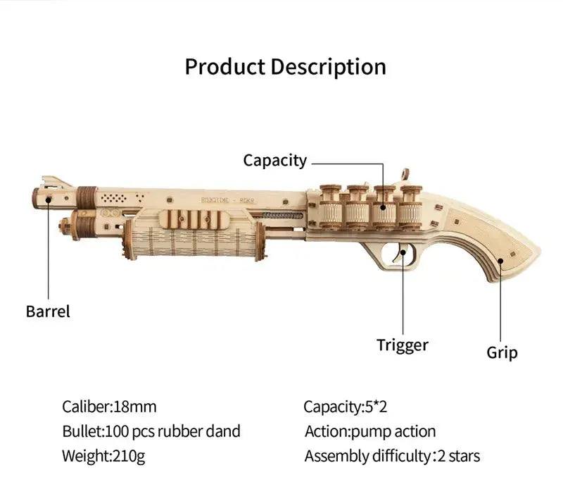 Revolver, Scatter with Rubber Band Bullet Wooden Model Kits - Model to assemble