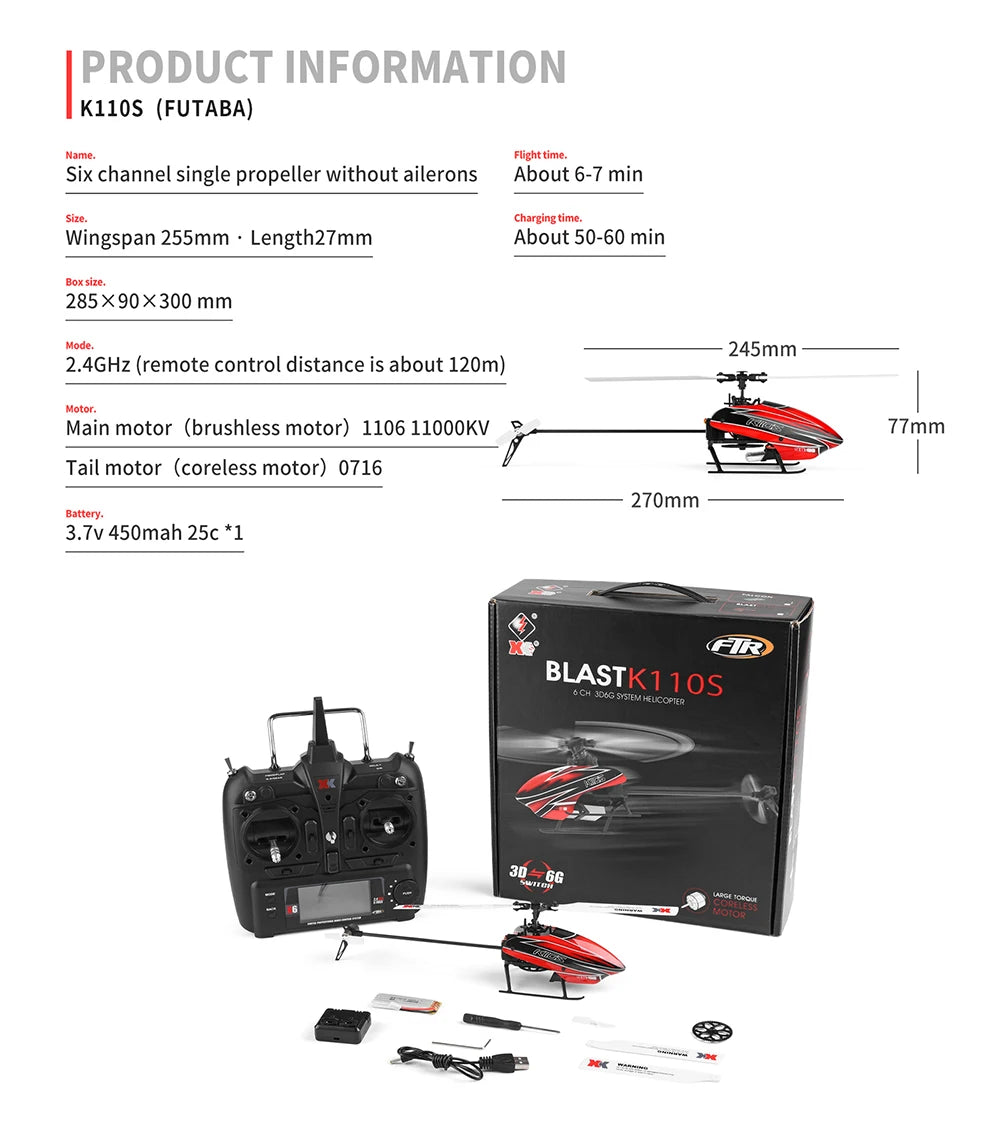 Wltoys XK K110S 6CH 3D 6G System Remote Control Toy Brushless Motor 2.4G RC Helicopter BNF/RTF Compatible With FUTABA S-FHSS Model to assemble