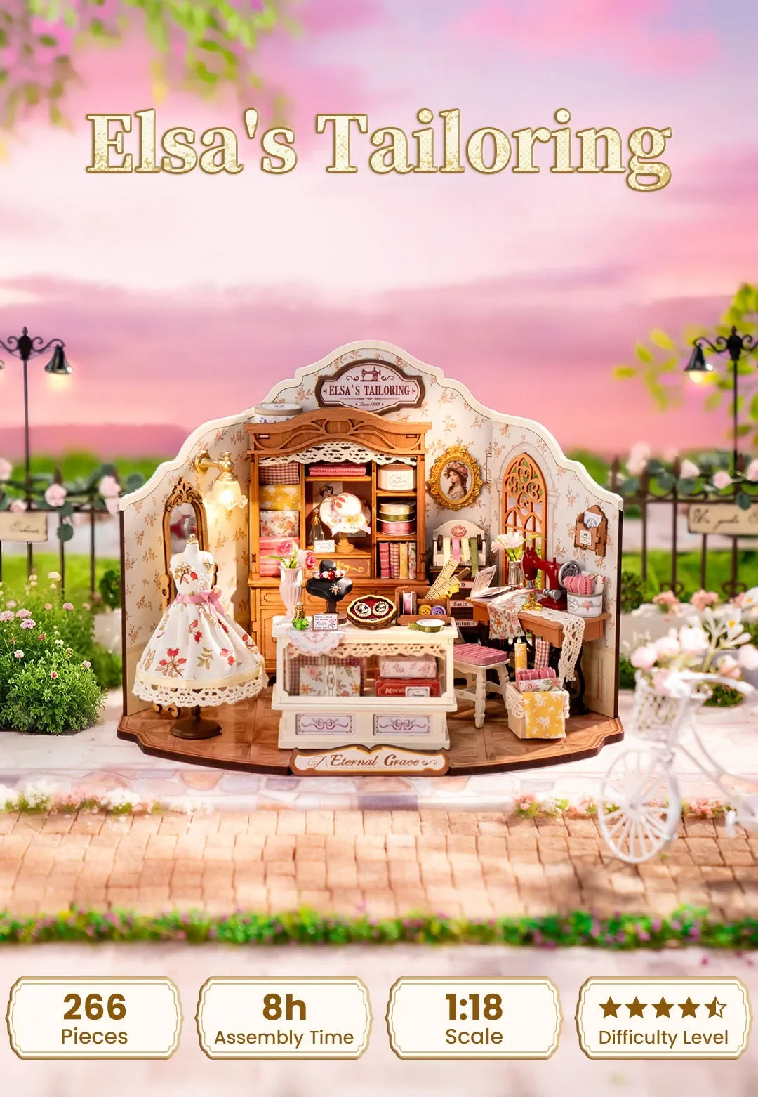 Elsa's Tailoring Miniature Dollhouse with LED Lights - Model to assemble