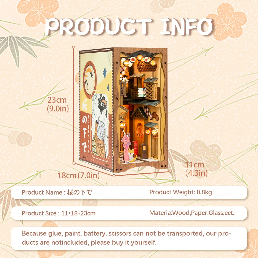 CUTEBEE DIY Book Nook Wooden Bookshelf Insert Miniature House Booknook Sakura Model Kits Collection Toy for Birthday Gifts Model to assemble