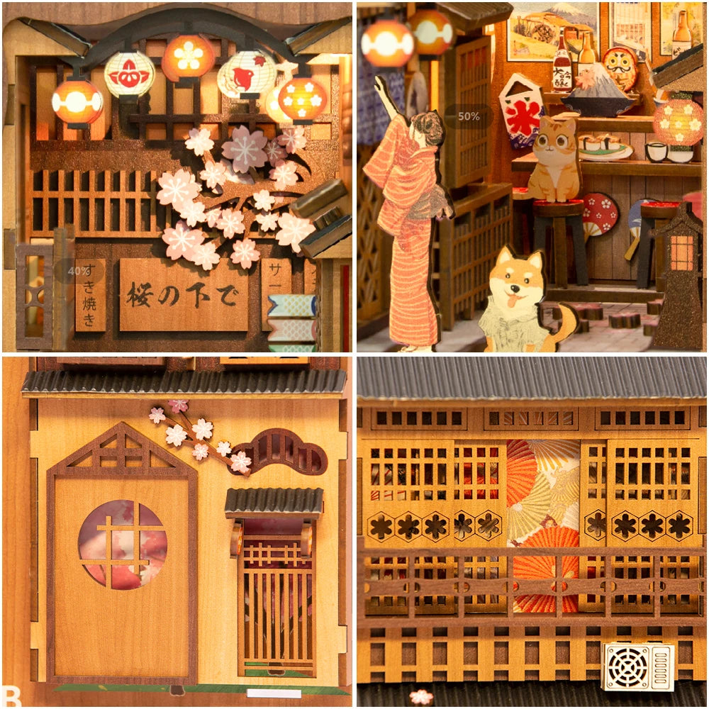 CUTEBEE DIY Book Nook Wooden Bookshelf Insert Miniature House Booknook Sakura Model Kits Collection Toy for Birthday Gifts Model to assemble