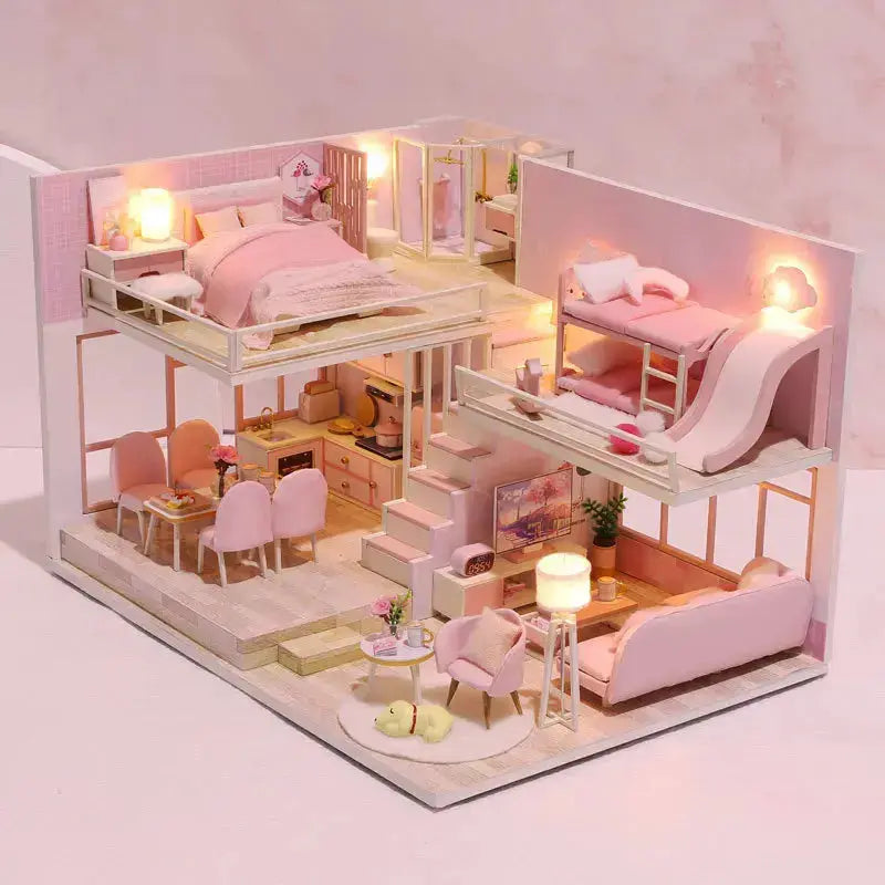 Pink Doll House With Furniture Light - Model to assemble