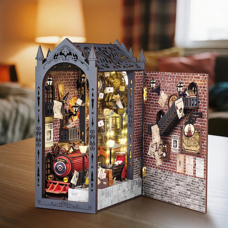 DIY 3D Puzzles Wooden Book Nook Kits Bookend Wooden Doll House Bookshelf Insert Decor Assembly Building Model Toys For Xams Gift Model to assemble