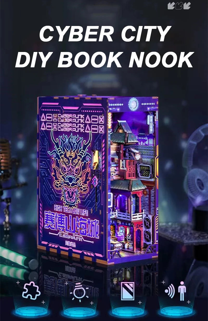 Retro Cyber City Wooden DIY Book Nook Figurines Miniature Kits Bookshelf Home Bookend Decoration For Adult Handmade Gifts Model to assemble