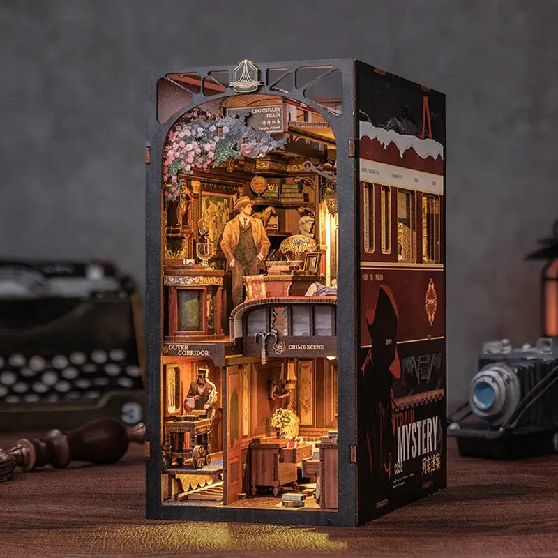 Detective, Train Mystery Wooden Dollhouse, Touch Light, Dust Cover, Bookshelf Insert, - Model to assemble