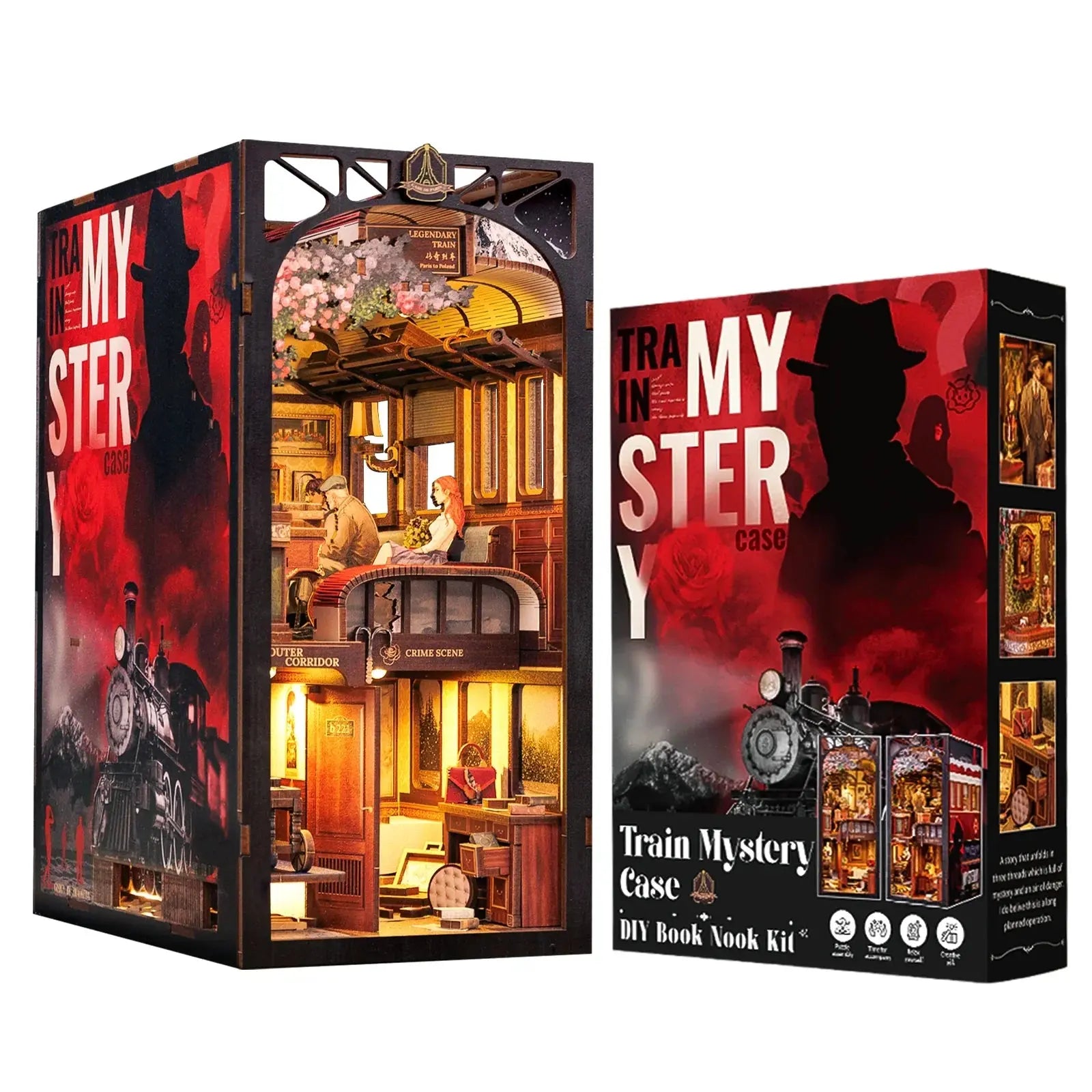 Detective, Train Mystery Wooden Dollhouse, Touch Light, Dust Cover, Bookshelf Insert, - Model to assemble
