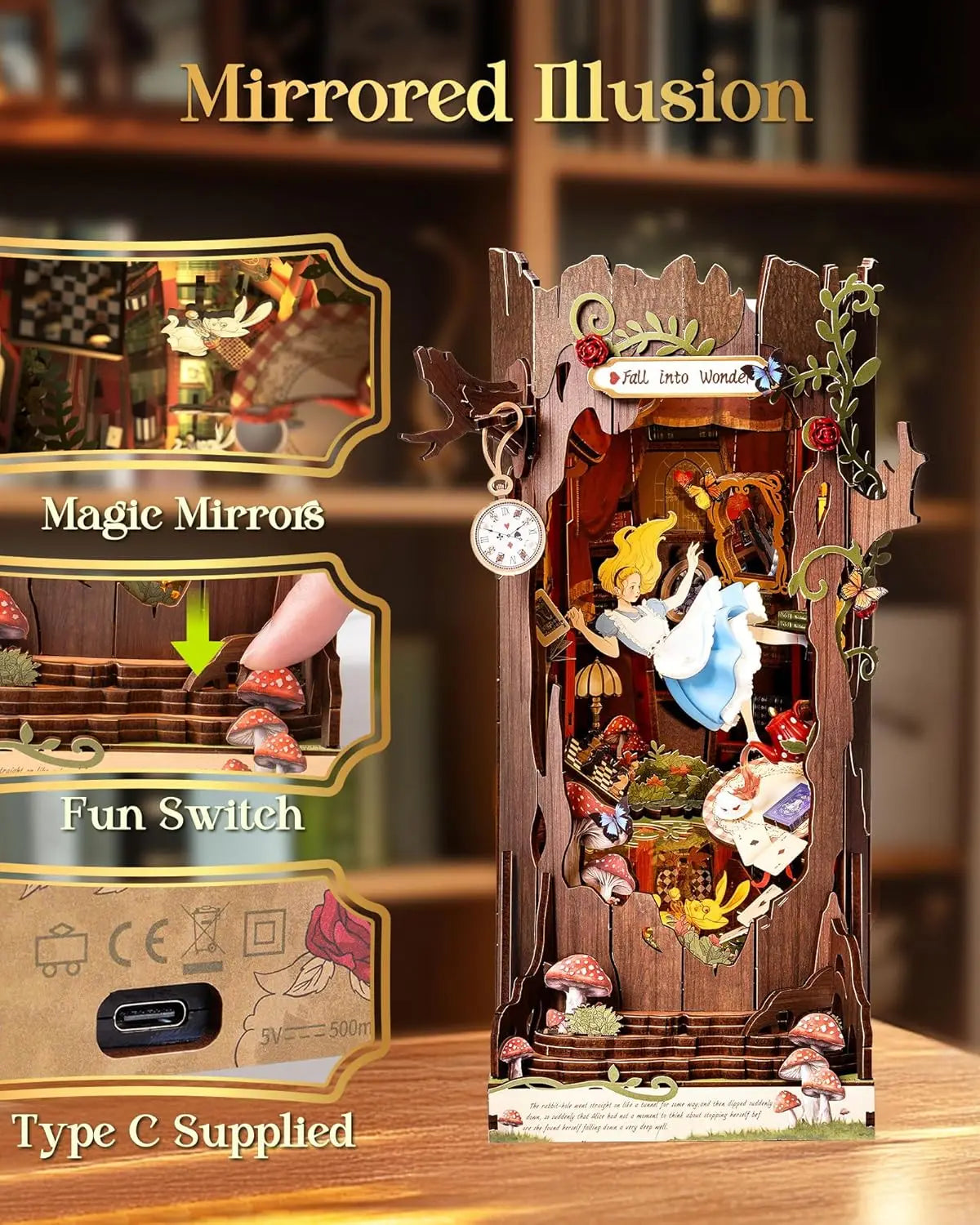 Robotime Rolife Book Nook Kits Fall into Wonder DIY Booknook with Lights Miniature House Kit 3D Wooden Puzzle Bookshelf Gift TGB Model to assemble
