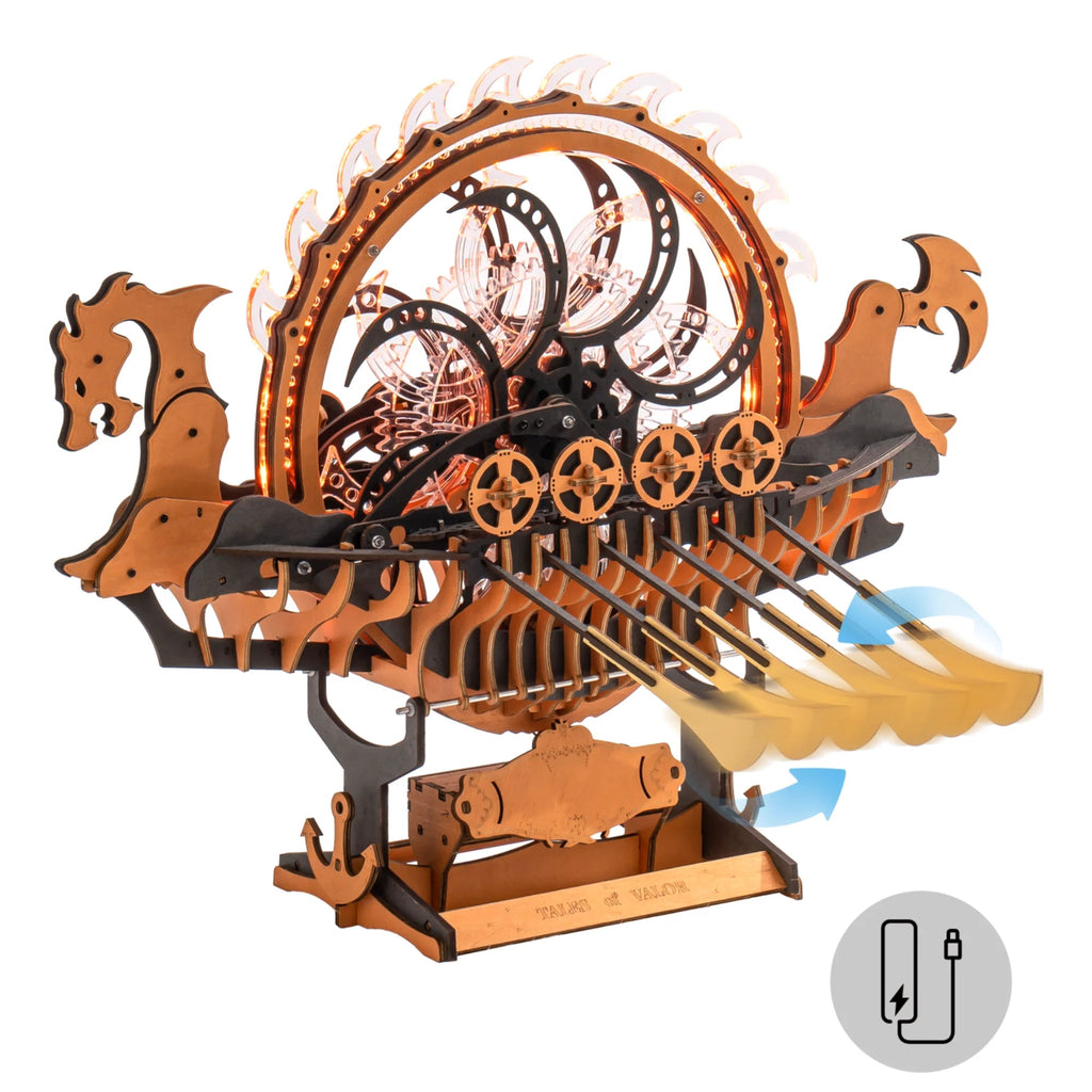 ROKR Wooden 3D Puzzle Viking Dragon Ship Mechanical Model Building Kit for Home Decor 229-Piece Puzzle Toy with LED Light for Bookshelf Decor Gift for Adults Kids Model to assemble