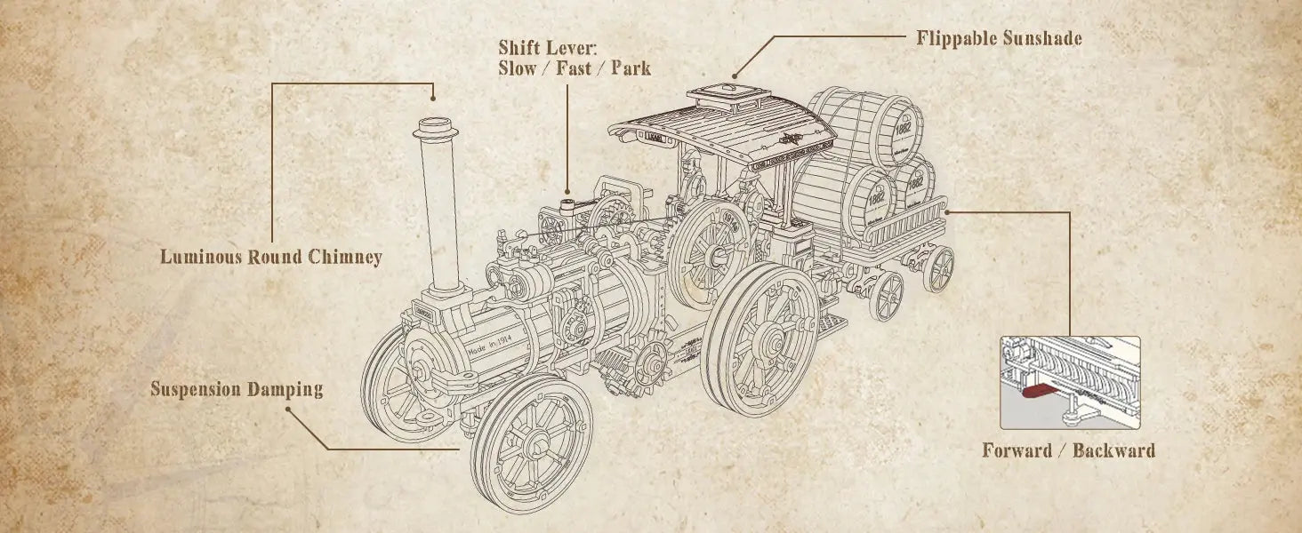 Wooden Mechanical Steam Locomotive 3D Puzzle Kit - Model to assemble