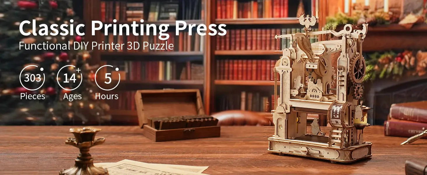 Wooden Printing Press Mechanical Gears Model Kit - Model to assemble