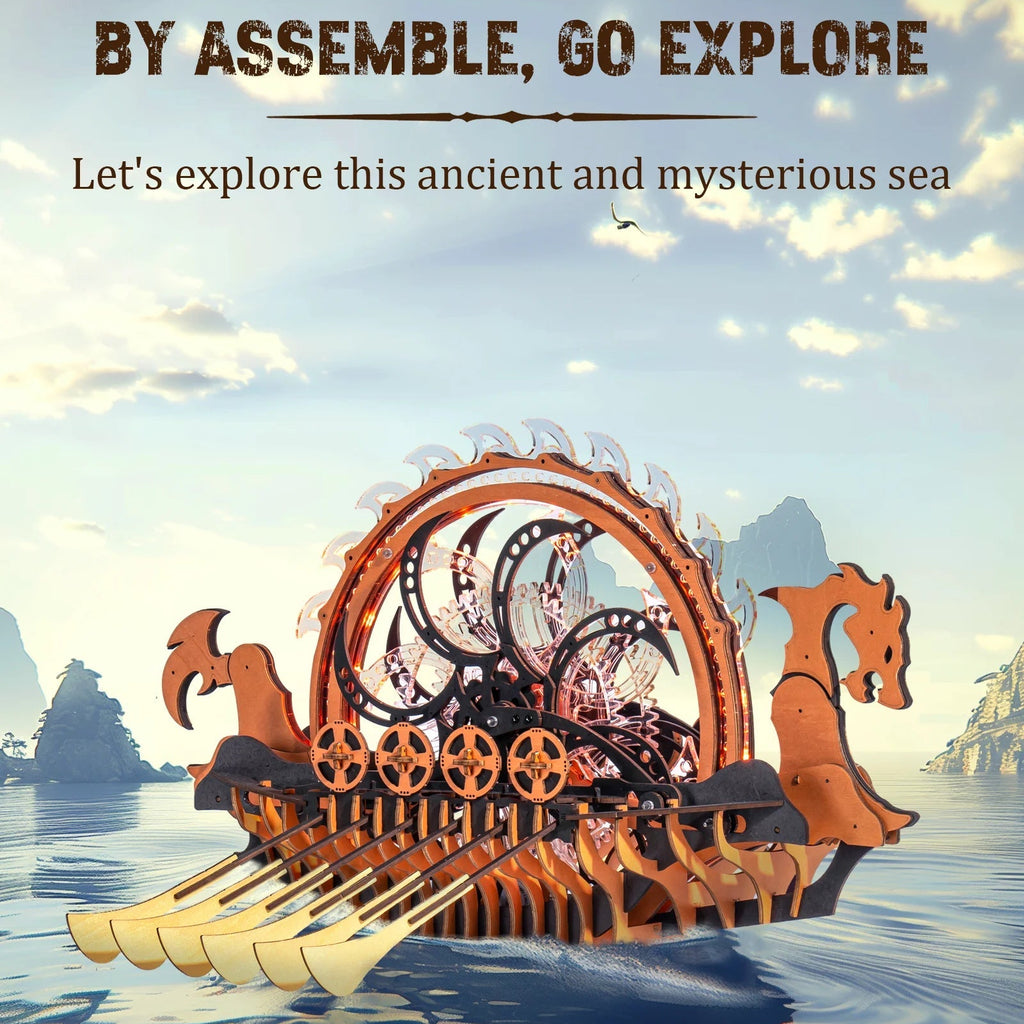 ROKR Wooden 3D Puzzle Viking Dragon Ship Mechanical Model Building Kit for Home Decor 229-Piece Puzzle Toy with LED Light for Bookshelf Decor Gift for Adults Kids Model to assemble