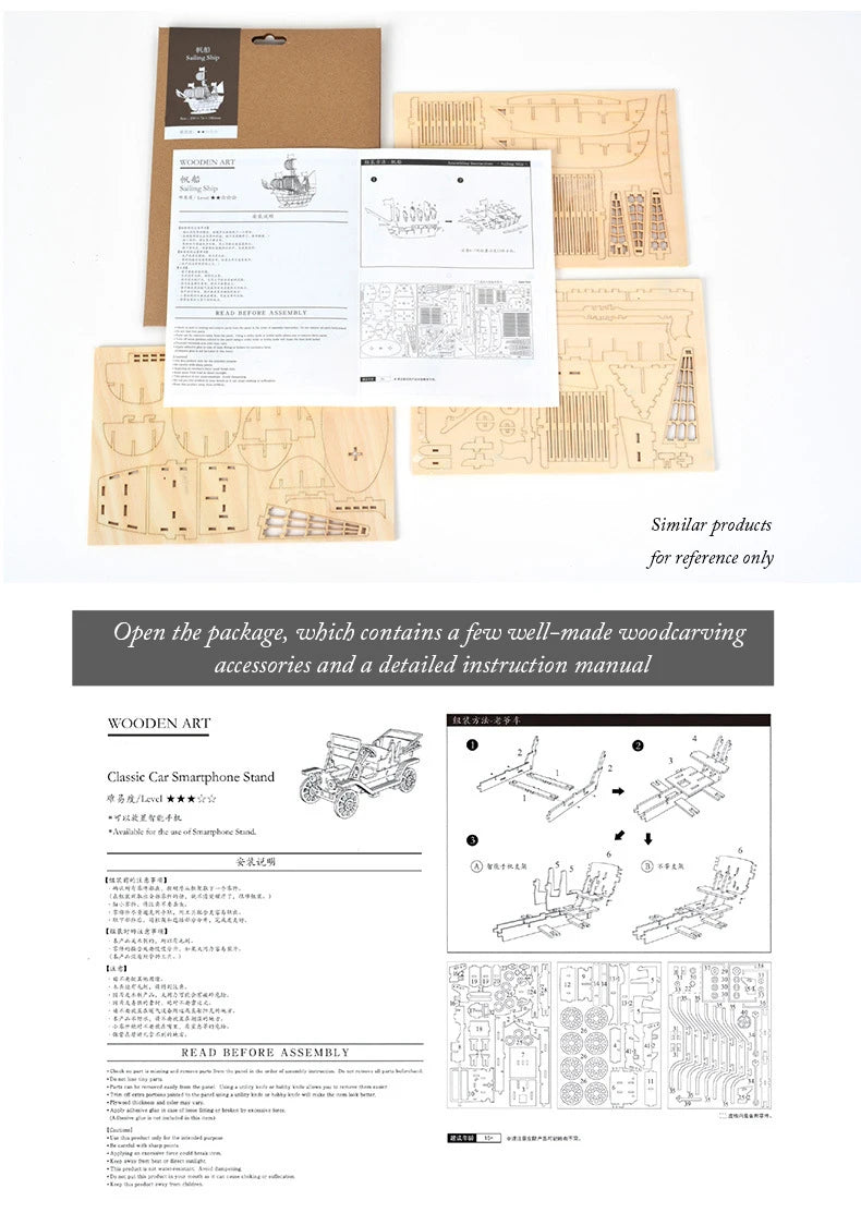 Old vehicles (Sailing Ship / Biplane / Steam Locomotive / Car) - Model to assemble