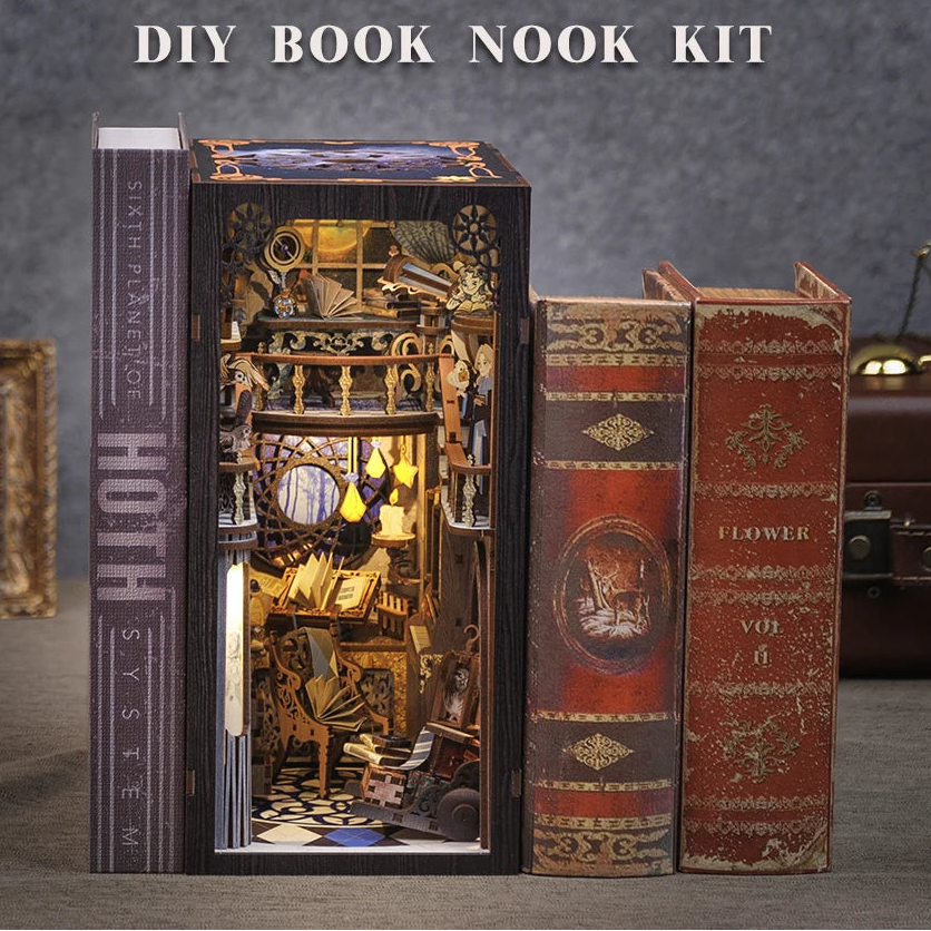 Cutebee DIY Book Nook Kit 3D Wooden Dollhouse Bookshelf Insert Decor Alley Miniature House with Dustproof LED Light Booknook Model to assemble