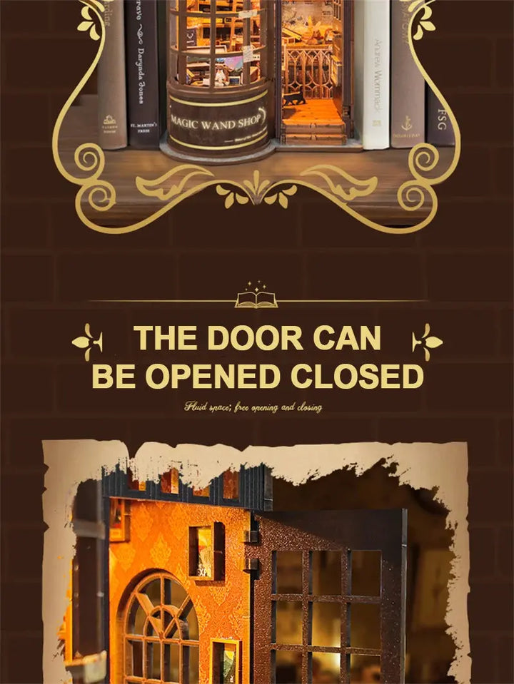 Retro Magic Wand Store DIY Wooden Book Nook Figurines Miniature Kits Bookshelf Home Bookend Decoration For Adult Handmade Gifts - Model to assemble