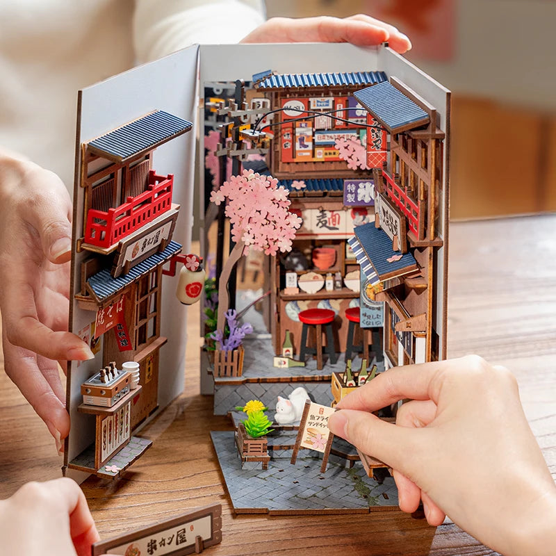 Robotime Rolife Sakura Wine Alley Japanese Style Design Book Nooks Kit for Family Home Bookshelf Decoration 3D DIY Wooden Puzzle Model to assemble