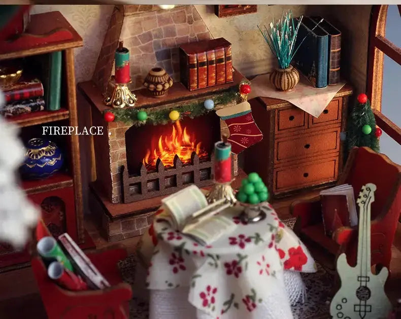 Christmas Night Warm House - Miniature Dollhouse DIY Kit with Music Box - Model to assemble