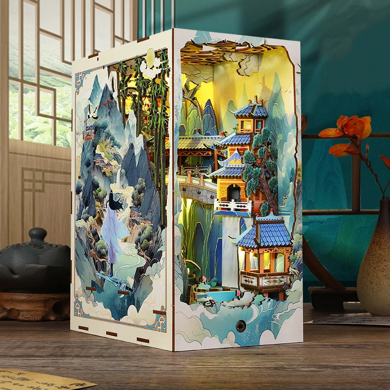 DIY Wooden Book Nook Shelf Insert Kits Miniature Model Kit Penglai Wonderland Casa Bookshelf Assembled Bookends Friends Gifts Model to assemble