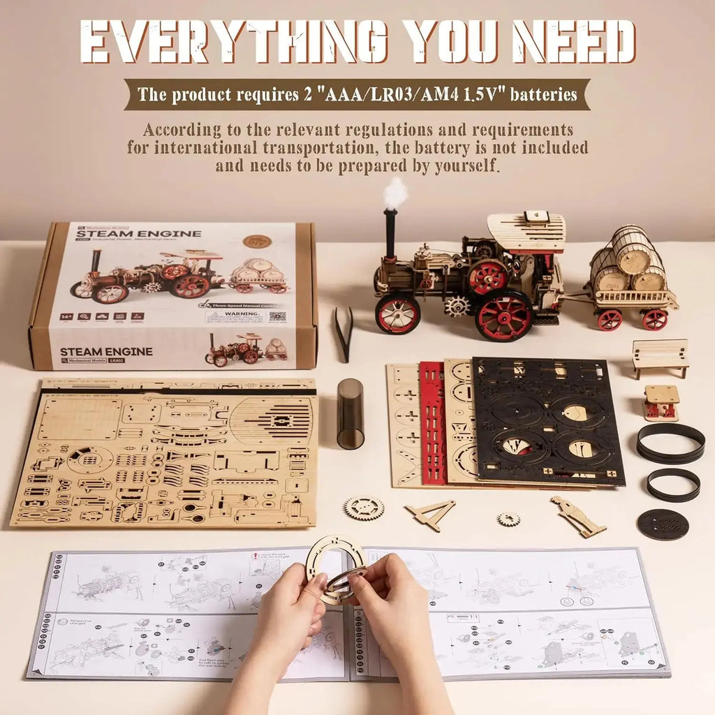 Wooden Mechanical Steam Locomotive 3D Puzzle Kit - Model to assemble