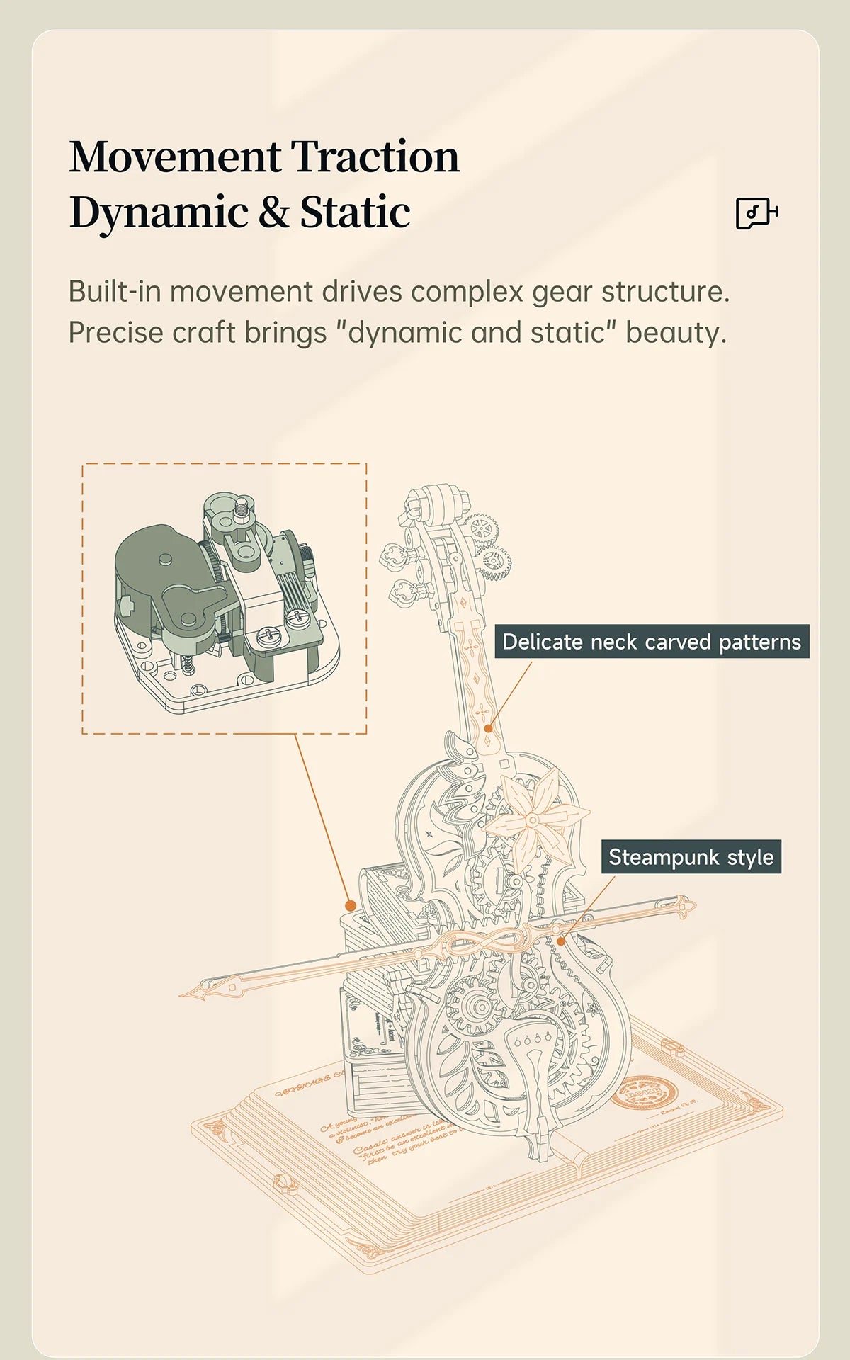 Cello Mechanical Music Box, Moveable Stem - Model to assemble