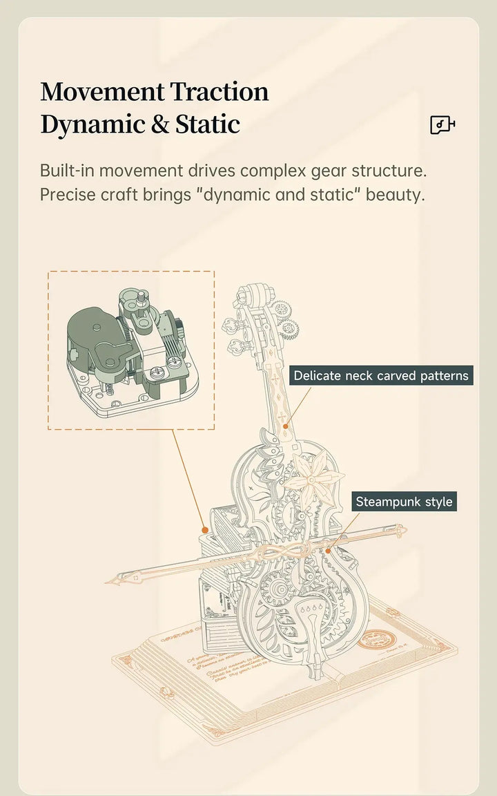 Cello Mechanical Music Box, Moveable Stem - Model to assemble