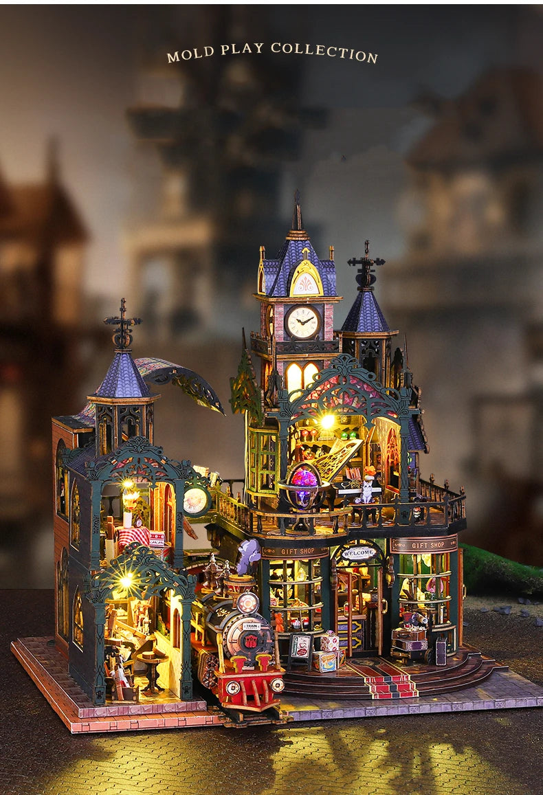 Rail-track Secluded City Figurines Miniatures Bookend Assembled Houses - Model to assemble