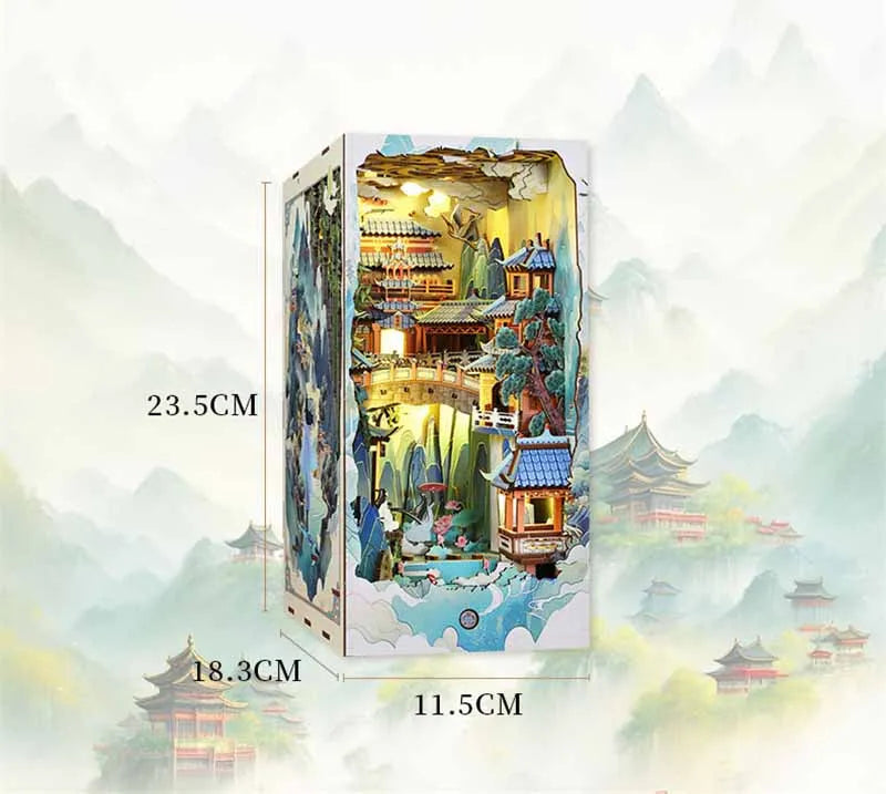 DIY Wooden Book Nook Shelf Insert Kits Miniature Model Kit Penglai Wonderland Casa Bookshelf Assembled Bookends Friends Gifts Model to assemble