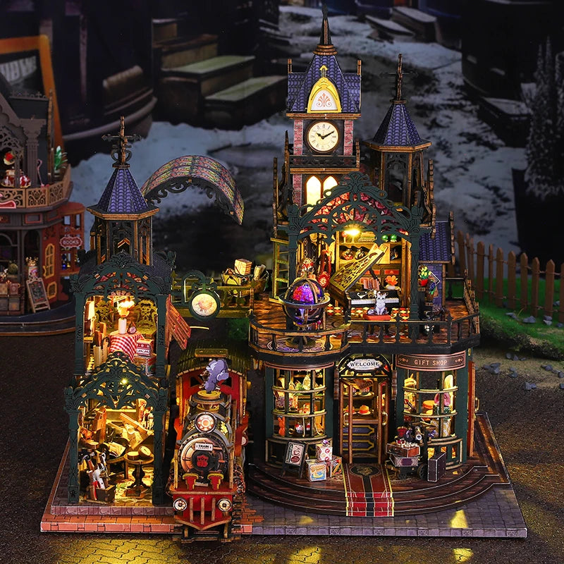 Rail-track Secluded City Figurines Miniatures Bookend Assembled Houses - Model to assemble