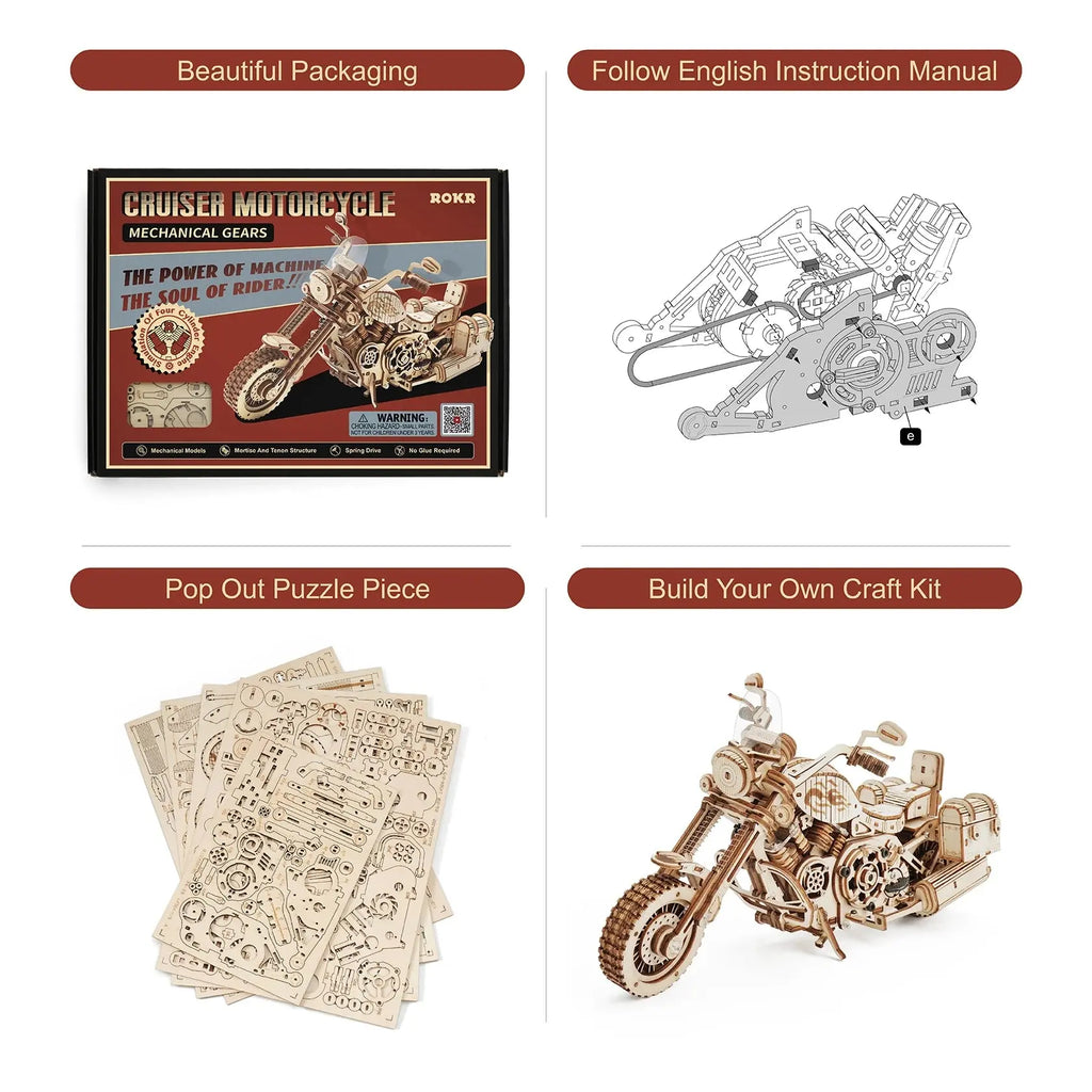 Robotime Rokr 420 PCS Cruiser Motorcycle DIY Wooden Model Building Block Kits Assembly Toy Gift for Children Adult Puzzle LK504 Model to assemble