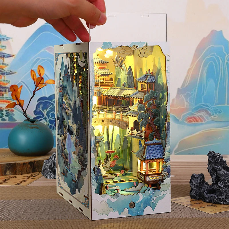 DIY Wooden Book Nook Shelf Insert Kits Miniature Model Kit Penglai Wonderland Casa Bookshelf Assembled Bookends Friends Gifts Model to assemble