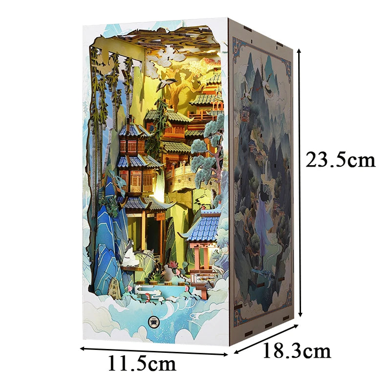 DIY Wooden Book Nook Shelf Insert Kits Miniature Model Kit Penglai Wonderland Casa Bookshelf Assembled Bookends Friends Gifts Model to assemble