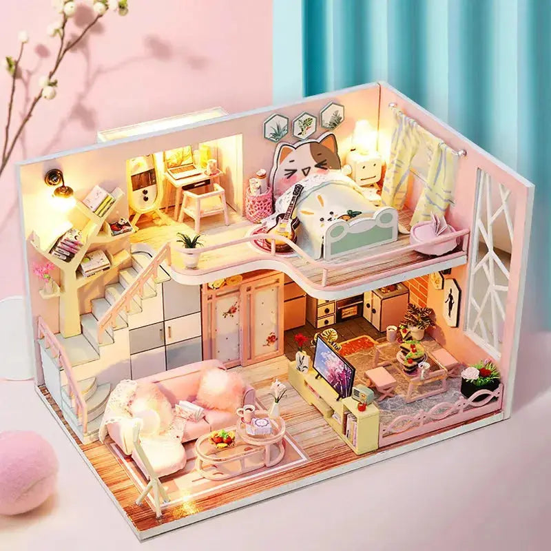 Pink Doll House With Furniture Light - Model to assemble