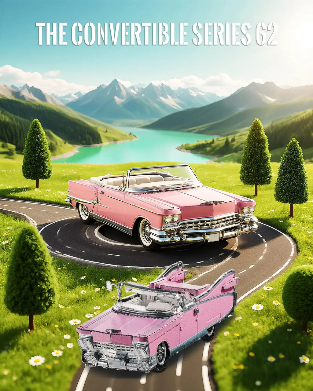 Classic Pink Cabriolet Fridge Magnet 3D Metal Model Kit - Model to assemble